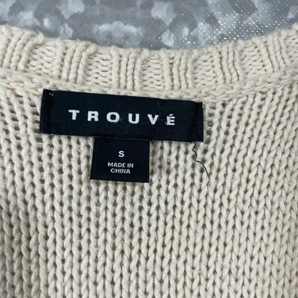 Trouve Ivory Striped Faux Leather Trim Zip Up Cardigan - Size Small - Sweater